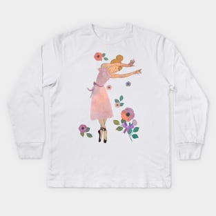 Swaying Ballet Dancer with Flowers Kids Long Sleeve T-Shirt